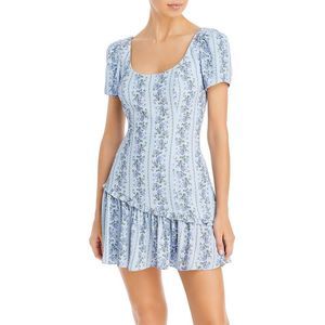 LoveShackFancy Womens Solus Blue Floral Asymmetric Party Mini Dress NWT